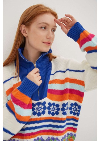 Regular Fit Kamyoner Yaka Desenli Örme Kazak Bayan Kazak 24K0840K1 fiyatları