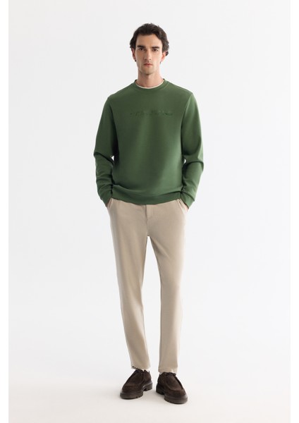 Erkek Haki Bisiklet Yaka Pamuklu Baskılı Elastan Sweatshirt A42y1221