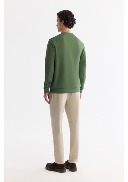 Erkek Haki Bisiklet Yaka Pamuklu Baskılı Elastan Sweatshirt A42y1221