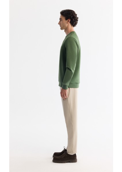 Erkek Haki Bisiklet Yaka Pamuklu Baskılı Elastan Sweatshirt A42y1221