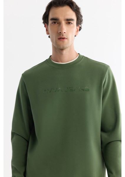 Erkek Haki Bisiklet Yaka Pamuklu Baskılı Elastan Sweatshirt A42y1221