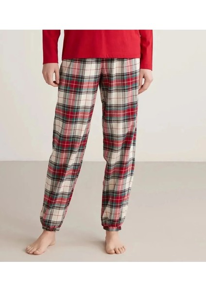 Pamuklu 4 Mevsim Giyilebilir Beli Ayarlanabilir Kadın Tek Alt Ekoseli Pijama W606