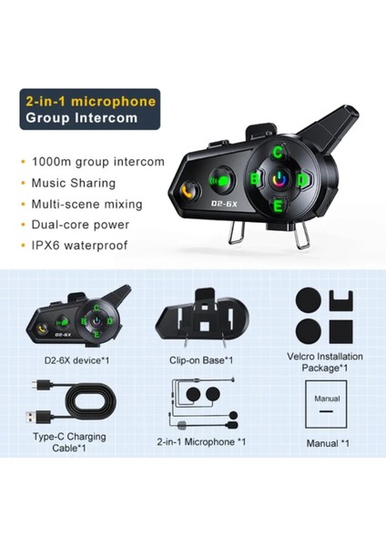 6 Kişilik Motosiklet Kask Bluetooth intercom Seti Su Geçirmez 1000m mesafeli Müzik Paylaşımlı