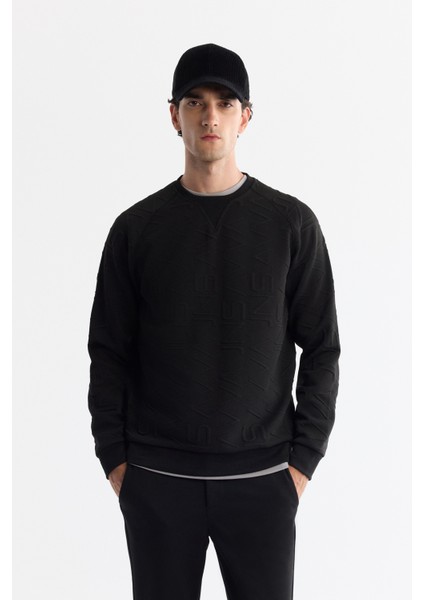 Erkek Siyah Bisiklet Yaka Baskılı Elastan Regular Fit Sweatshirt A42Y1335