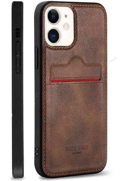 Apple iPhone 12 Kartlıklı Rich Boss Lüx Deri Kılıf Koyu Kahverengi