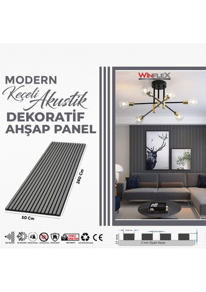 Keçeli Dekoratif Akustik Ahşap Panel – Antrasit Gri (50X240CM).