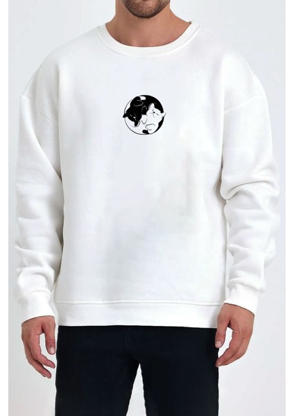 Ying Yang Kedi Baskılı Beyaz Unisex Kadın Erkek Pamuklu Sweatshirt CU322