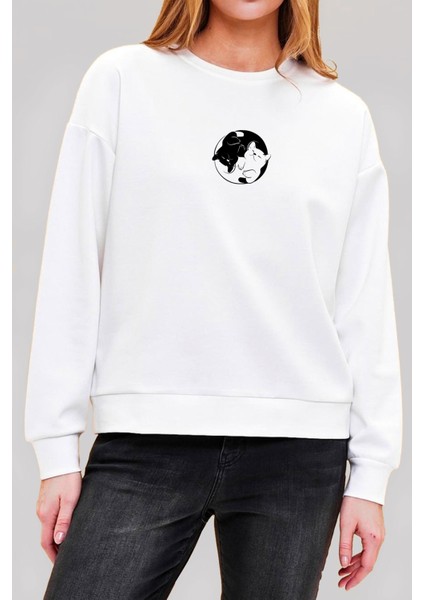 Ying Yang Kedi Baskılı Beyaz Unisex Kadın Erkek Pamuklu Sweatshirt CU322