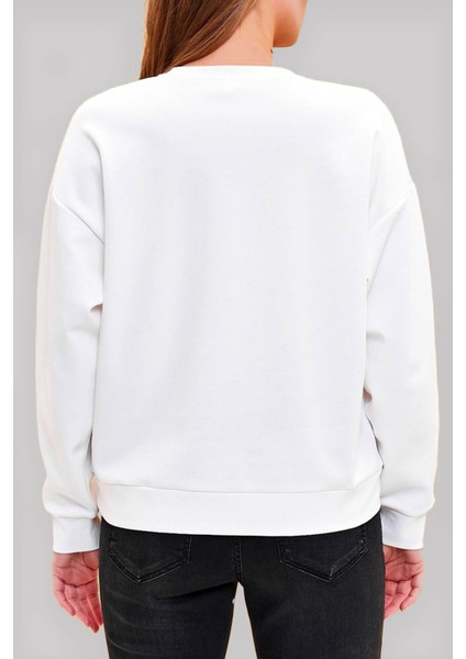 Ying Yang Kedi Baskılı Beyaz Unisex Kadın Erkek Pamuklu Sweatshirt CU322