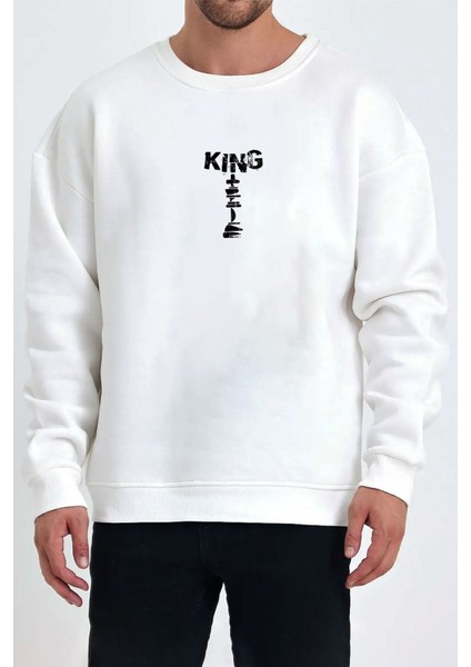 Satranç Şah Baskılı Beyaz Unisex Kadın Erkek Pamuklu Sweatshirt CU319