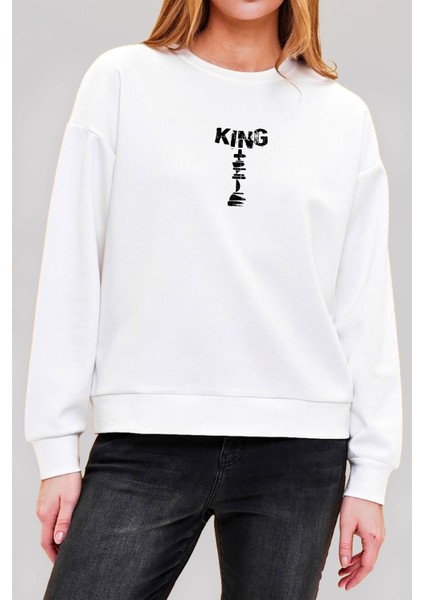 Satranç Şah Baskılı Beyaz Unisex Kadın Erkek Pamuklu Sweatshirt CU319