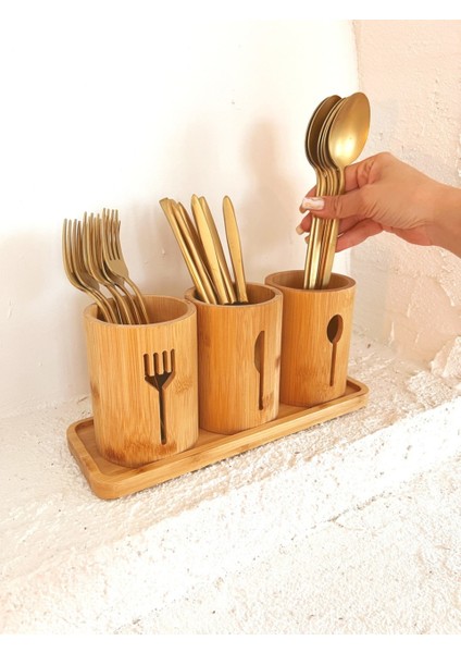 Bambu Altlıklı 3\'lü Çatal Kaşık Bıçak Düzenleyici Set 4 Parça
