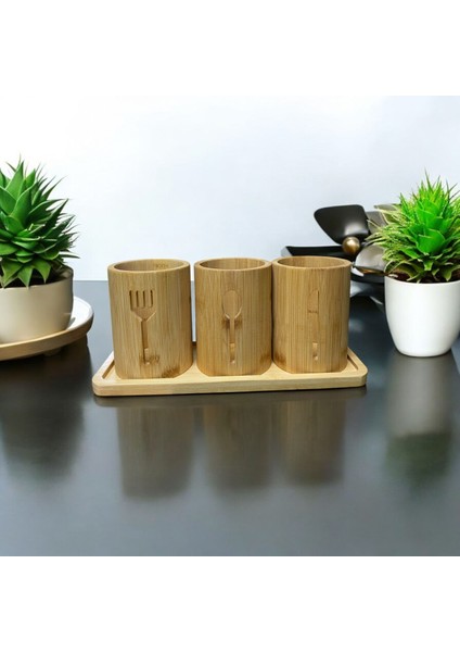 Bambu Altlıklı 3\'lü Çatal Kaşık Bıçak Düzenleyici Set 4 Parça