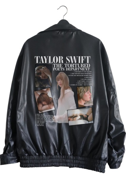 Oversize Ttpd Baskılı Streetwear Siyah Astarlı Deri Ceket, Taylor Swift Baskılı Deri Ceket fiyatları