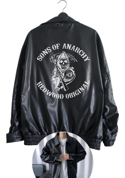 Oversize Sons Of Anarchy Baskılı Streetwear Siyah Astarlı Deri Ceket, Soa Baskılı Deri Ceket