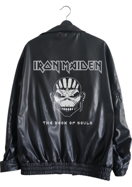 Fuddy Moda Oversize Iron Maiden Baskılı Streetwear Siyah Astarlı Deri Ceket,  Rock Baskılı Deri Ceket