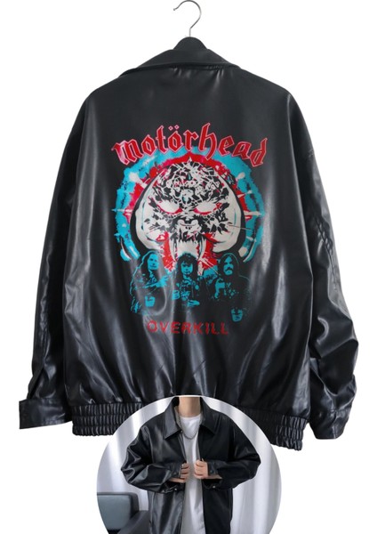Oversize Motörhead Baskılı Streetwear Siyah Astarlı Deri Ceket, Rock Band Baskılı Deri Ceket