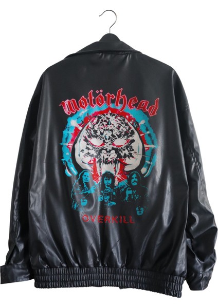Oversize Motörhead Baskılı Streetwear Siyah Astarlı Deri Ceket, Rock Band Baskılı Deri Ceket fiyatları