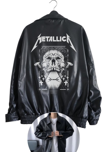 Fuddy Moda Oversize Metallica Baskılı Streetwear Siyah Astarlı Deri Ceket,  Rock Metal Baskılı Ceket