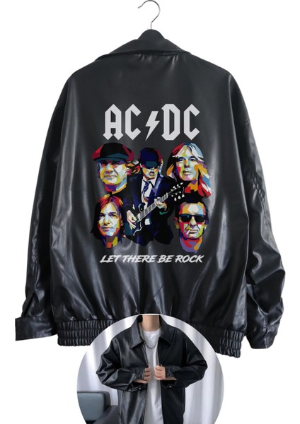 Oversize Ac-Dc Baskılı Streetwear Siyah Astarlı Deri Ceket, Rock Metal Baskılı Deri Ceket