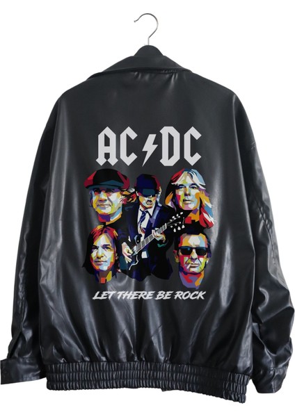 Oversize Ac-Dc Baskılı Streetwear Siyah Astarlı Deri Ceket, Rock Metal Baskılı Deri Ceket fiyatları