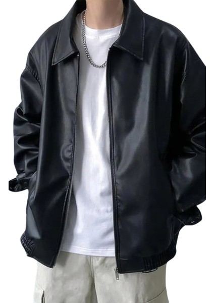Oversize Ac-Dc Baskılı Streetwear Siyah Astarlı Deri Ceket, Rock Metal Baskılı Deri Ceket modelleri