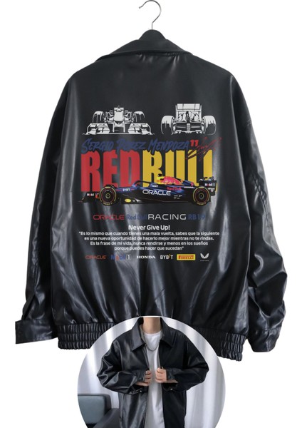 Oversize Redbull Team Baskılı Streetwear Siyah Astarlı Deri Ceket, Formula 1 Baskılı Deri Ceket