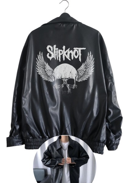 Oversize Slipknot Baskılı Streetwear Siyah Astarlı Deri Ceket, Rock Metal Baskılı Deri Ceket