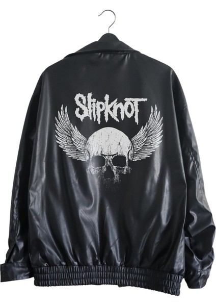 Oversize Slipknot Baskılı Streetwear Siyah Astarlı Deri Ceket, Rock Metal Baskılı Deri Ceket fiyatları