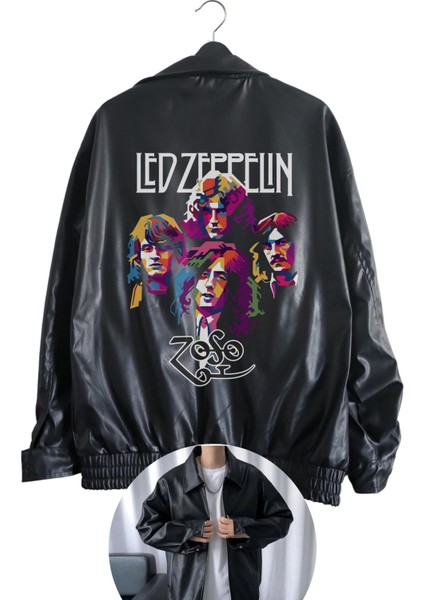 Fuddy Moda Oversize LED Zeppelin Baskılı Streetwear Siyah Astarlı Deri Ceket,  Rock Baskılı Deri Ceket