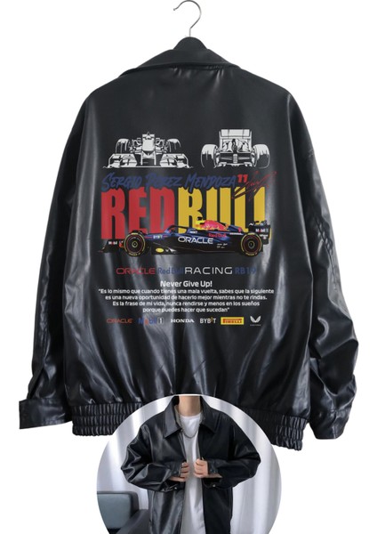 Fuddy Moda Oversize Redbull Team Baskılı Streetwear Siyah Astarlı Deri Ceket, Formula 1 Baskılı Deri Ceket