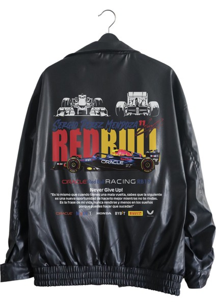 Fuddy Moda Oversize Redbull Team Baskılı Streetwear Siyah Astarlı Deri Ceket, Formula 1 Baskılı Deri Ceket