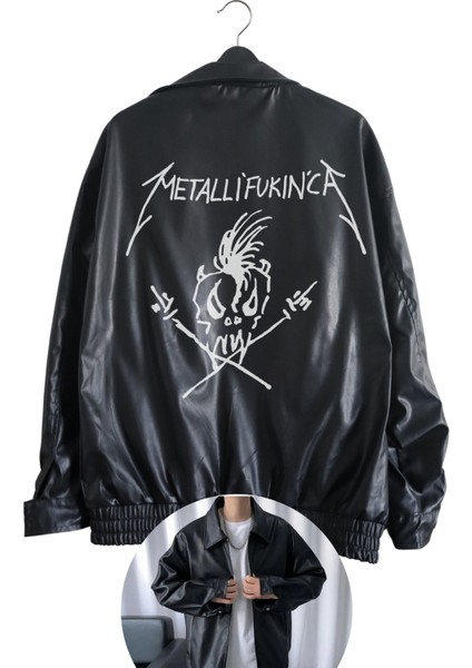 Fuddy Moda Oversize Funny Metallica Baskılı Streetwear Siyah Astarlı Deri Ceket,  Rock Metal Baskı Ceket