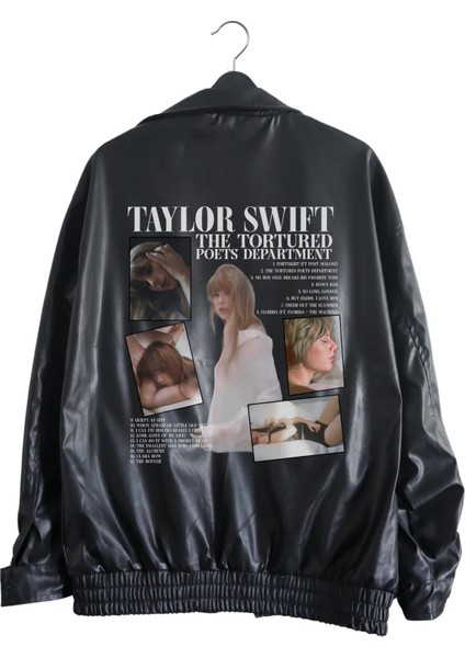 Fuddy Moda Oversize Ttpd Baskılı Streetwear Siyah Astarlı Deri Ceket, Taylor Swift Baskılı Deri Ceket