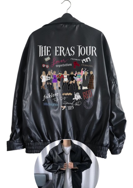 Oversize Taylor Swift Baskılı Streetwear Siyah Astarlı Deri Ceket, The Eras Tour Baskılı Deri Ceket