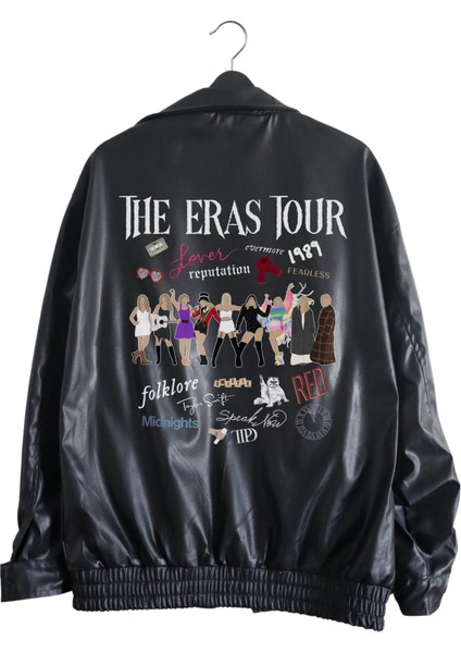 Oversize Taylor Swift Baskılı Streetwear Siyah Astarlı Deri Ceket, The Eras Tour Baskılı Deri Ceket