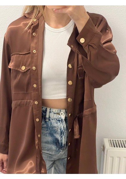 Miyu Kahve Saten Gold Düğme Gömlek