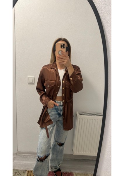 Miyu Kahve Saten Gold Düğme Gömlek modelleri