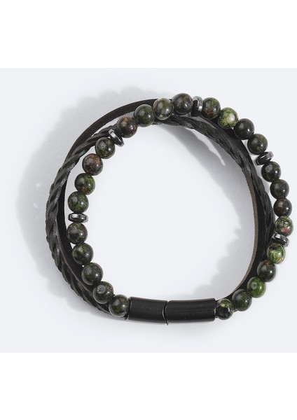 Erkek Haki Deri Ceyt Ve Hematit Taşlı Bileklik A42y9614 fırsatları