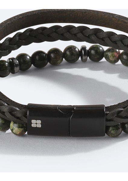 Erkek Haki Deri Ceyt Ve Hematit Taşlı Bileklik A42y9614 modelleri