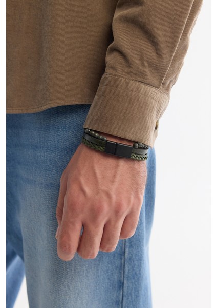 Erkek Haki Deri Ceyt Ve Hematit Taşlı Bileklik A42y9614 fiyatları