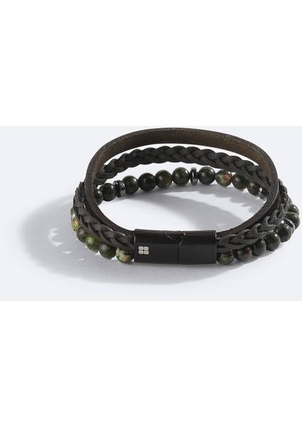 Erkek Haki Deri Ceyt Ve Hematit Taşlı Bileklik A42y9614