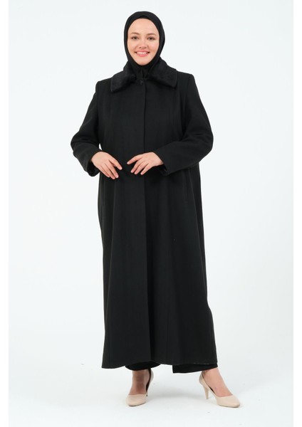 Kadın Büyük Beden Astarlı Kaşe Manto Uzun Kol Düz Siyah 140 cm fiyatları