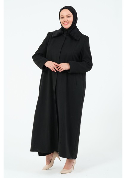 Kadın Büyük Beden Astarlı Kaşe Manto Uzun Kol Düz Siyah 140 cm fırsatları