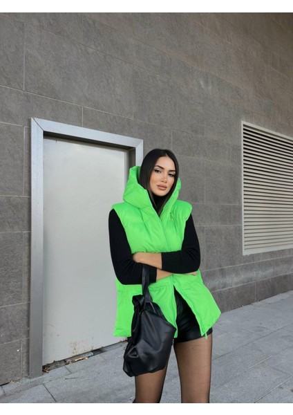 Oversize Fermuar Detay Kapitone Şişme Yelek 2023 Neon Yeşil