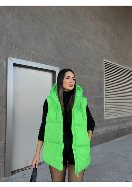 Oversize Fermuar Detay Kapitone Şişme Yelek 2023 Neon Yeşil