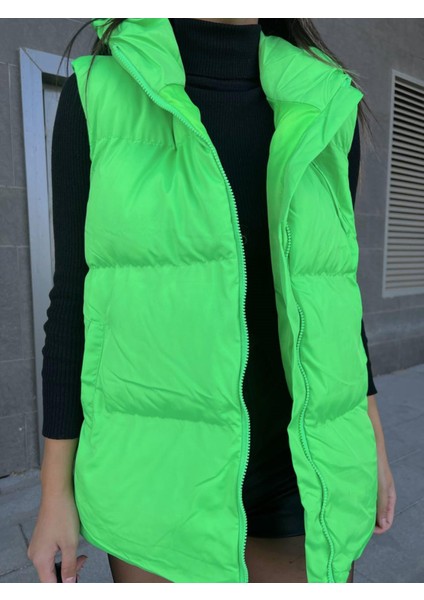 Oversize Fermuar Detay Kapitone Şişme Yelek 2023 Neon Yeşil