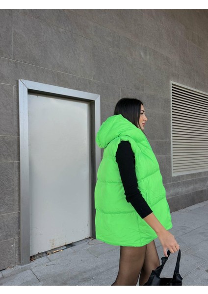Oversize Fermuar Detay Kapitone Şişme Yelek 2023 Neon Yeşil