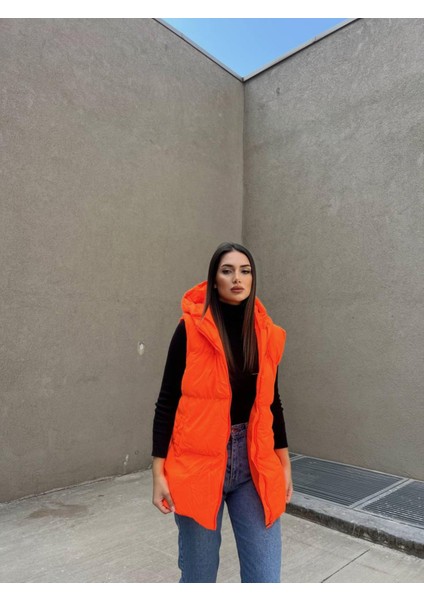Oversize Fermuar Detay Kapitone Şişme Yelek 2023 Neon Turuncu
