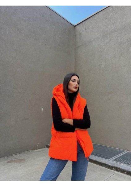 Oversize Fermuar Detay Kapitone Şişme Yelek 2023 Neon Turuncu